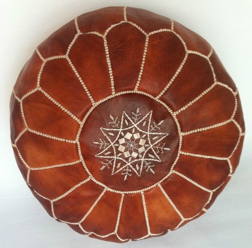 100% Leather Handcrafted Moroccan Pouffe HoneyOrange brown 100% Leather Handcrafted Moroccan Pouffe HoneyOrange brown