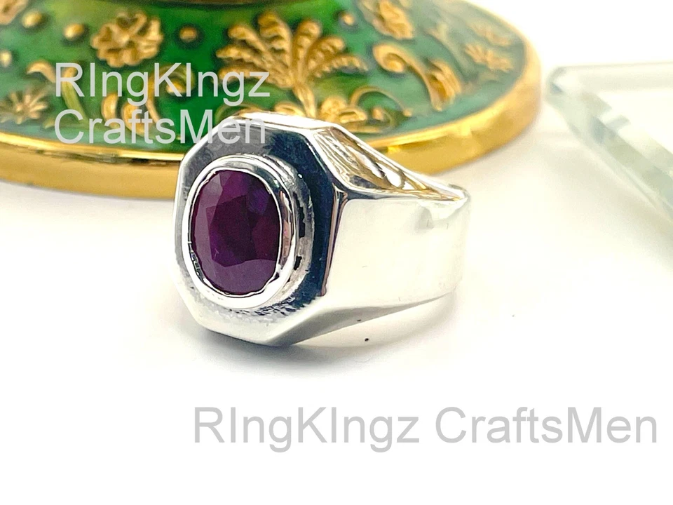 Sterling Silver Ruby Ring for Men Oval Red Gemstone Signet Ring Handmade Jewelry - Image 2 of 4