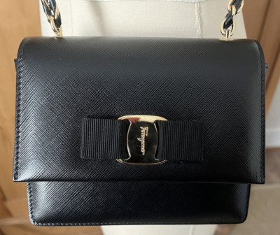 Stunning Salvatore Ferragamo Black & Gold Leather Mini Vara