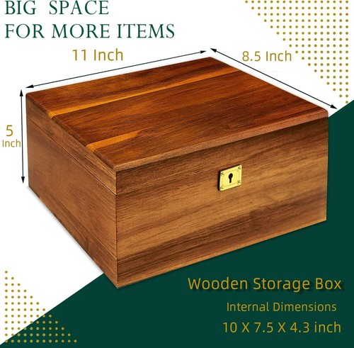 Wooden Storage Box with Hinged Lid and Locking Key - Large Premium Acacia Keepsa - Picture 2 of 9