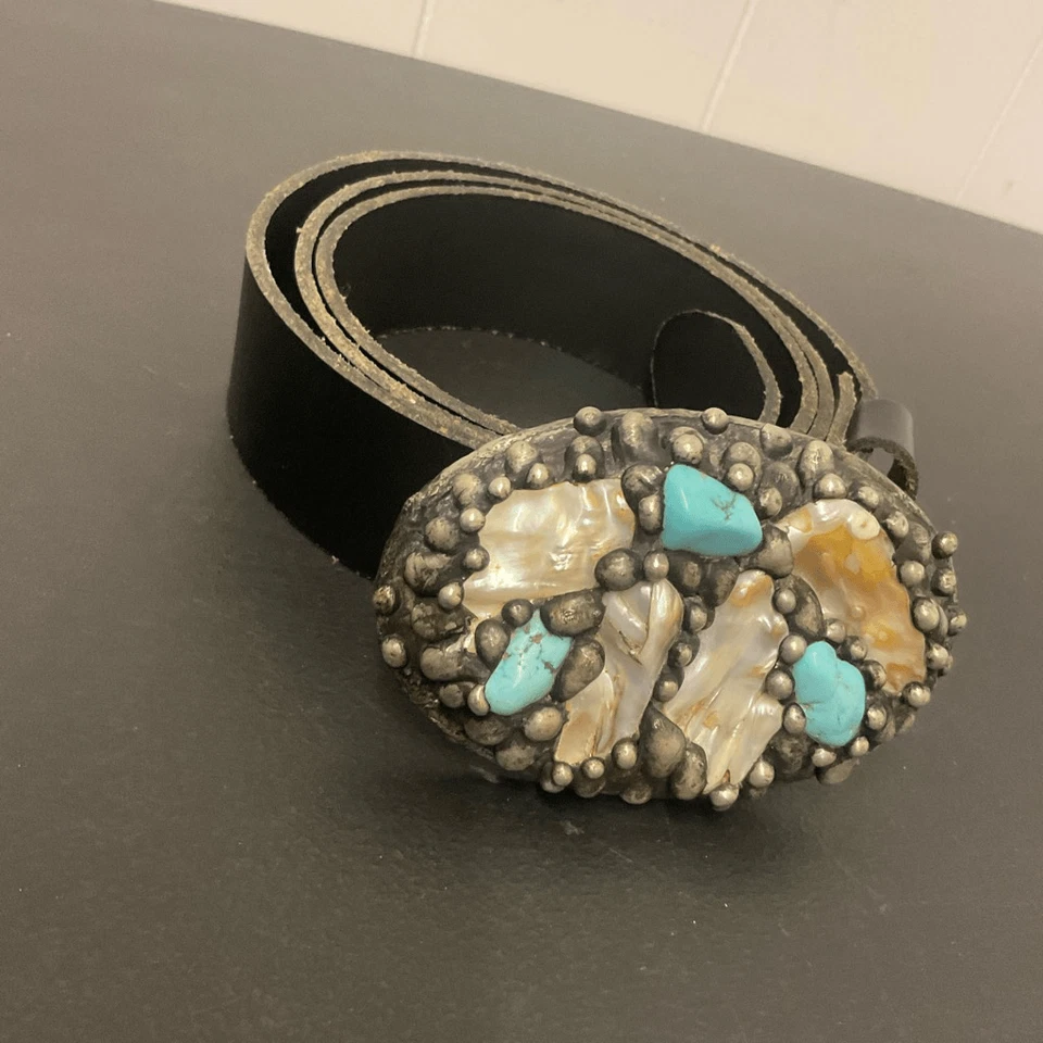 De colección Edna Cuero Genuino Negro Con Hebilla de Cinturón Hebilla Navajo Hecha a Mano 38 Foto 3 de 4