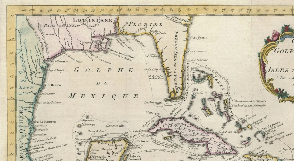 Mapa antiguo "Carte Du Golphe Du Mexique et des Isles De L'Amerique" Bellin, 1770 Foto 4 de 4