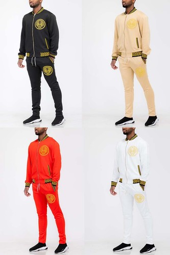 Mens Lion Head Status Design Tape Full Zip Track Jacket and Pant Track Suit Set - Picture 1 of 18