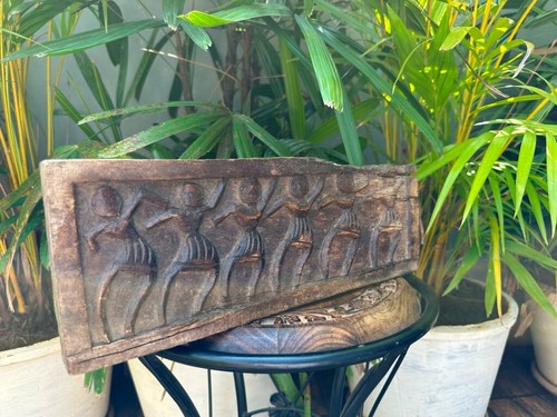 Old Ancient Hand Carved Wooden Dancing Tribal Figure Wall Panel 14 x 5.5'' - Picture 8 of 9