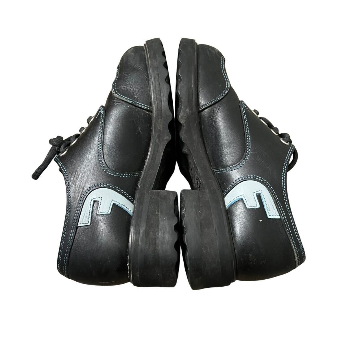 VTG John Fluevog 90s Leather Black Blue Logo Oxford Derby VTG John Fluevog 90s Leather Black Blue Logo Oxford Derby