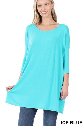3/4 Sleeve Round Neck Dolman Sleeve Top Side Loose Fit Tunic w/ Side Pockets - Picture 15 of 24