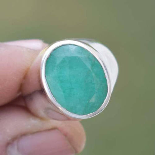 Solid 925 Sterling Silver Natural Green Emerald Corundum Cut Gemstone Men's Ring - Picture 2 of 12