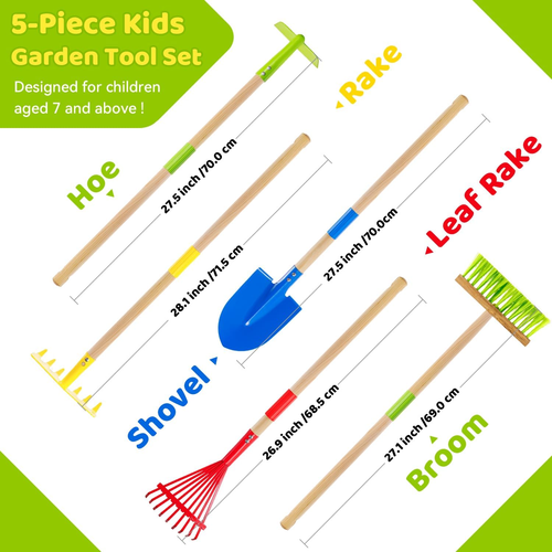 Kids Garden Tool Set Safe Toddler Size Hoe, Rake Shovel Leaf Rake Broom 5Pc - Picture 3 of 12