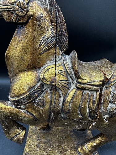 Vintage Asian Antique Gold Finished Carved Wood Tang Horse Sculpture~13” - Picture 15 of 17