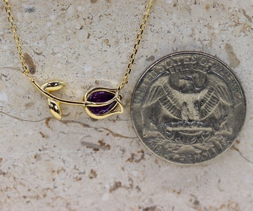 18K Gold Plated February Amethyst Birthstone Tulip Pendant Necklace - Picture 3 of 3