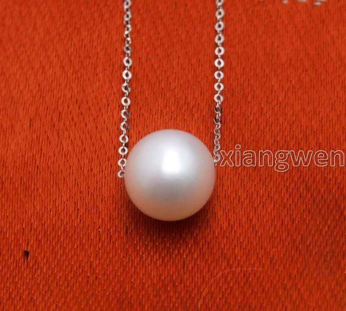 AAA 9-10mm Round Natural White Pearl Pendant Necklace & 14K White Gold Chain 18" - Picture 4 of 14