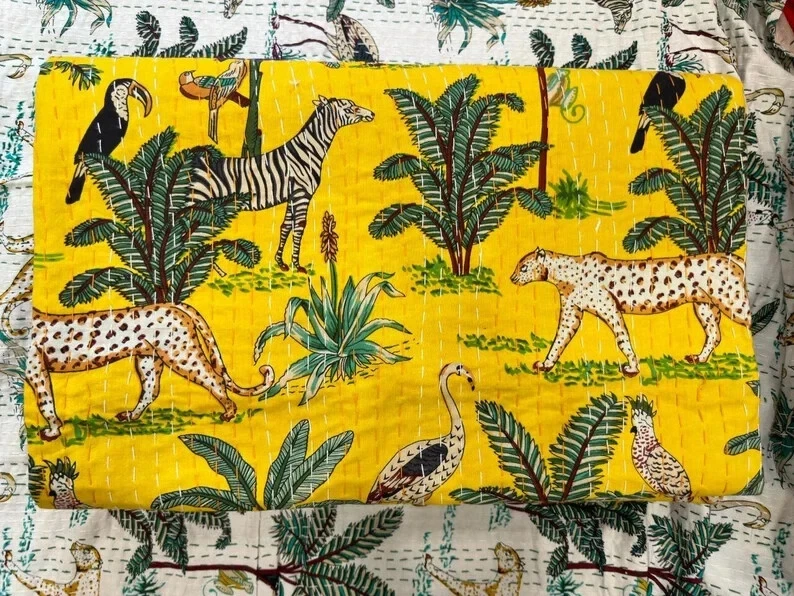 Colcha reversible con estampado animal Kantha edredón bohemio ropa de cama edredón decorativo Foto 3 de 4