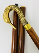 Wooden Walking Stick Cane Rare Brass Swan Design Head Golden Vintage Antique