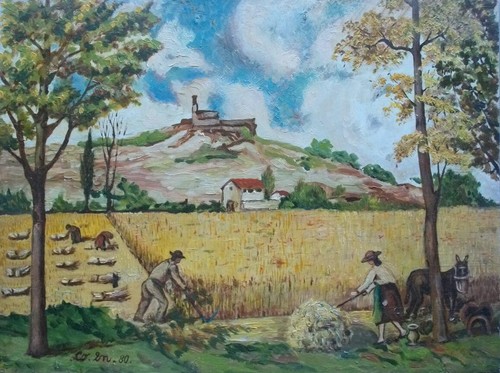 ARTE NAIF ESTATE CONTADINI MIETITURA  olio tavola ENRICO COPETTA COEN BRESCIA - Picture 2 of 2