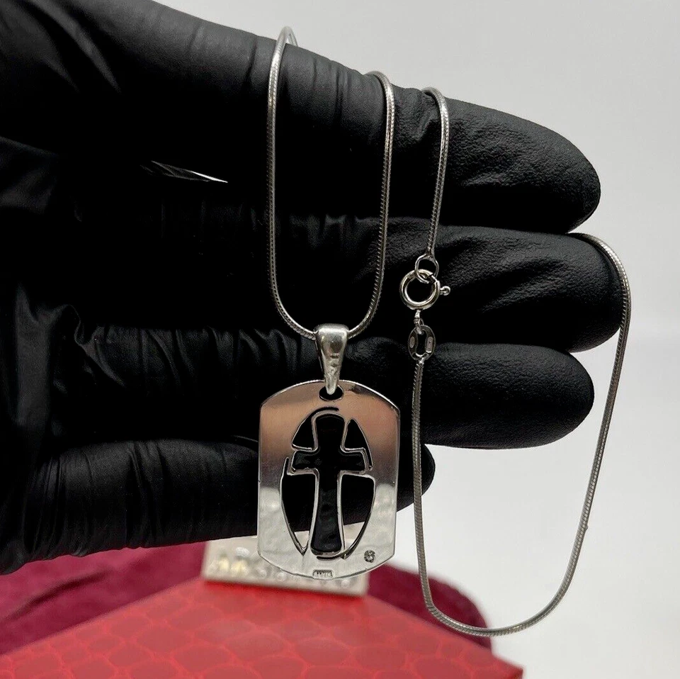 COLLANA CROCE NERA UOMO DONNA FIRMATA ARGENTO 925 DIAMANTE NATURALE 0,01 CARATI. - Immagine 4 di 4
