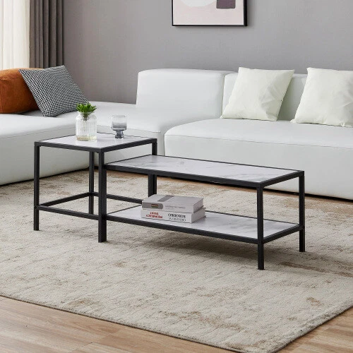 Nesting coffee table Square rectangle Black metal frame wood