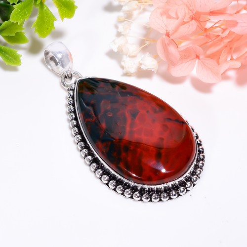 Bloodstone Vintage Style Handmade Jewelry.925 Silver Plated Pendant 2.2" GSR5973