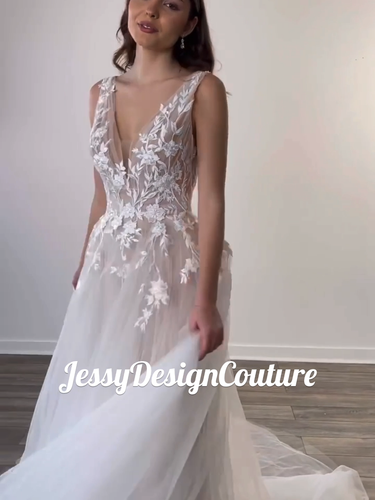 Träger Spitze Brautkleid Hochzeitskleid Rückenfrei 34- 52 Ivory Haut n.Maß - Video 1 von 1