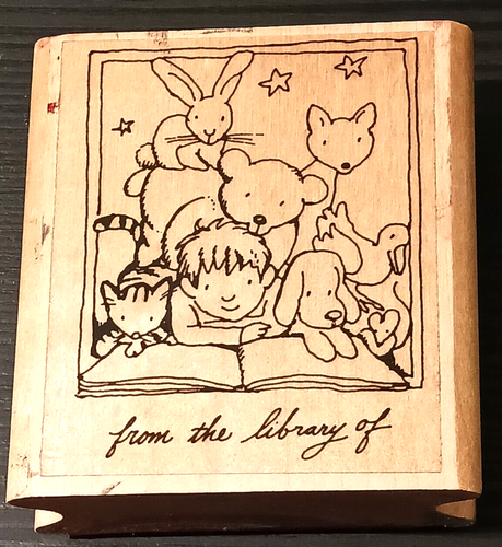 Aliki Brandenberg BOOKPLATE Rubber Stamp 1984 boy reading with animals RARE