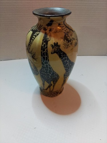 La Vie Animal Safari 9" Vase Browns Black Lion Zebra Giraffee Cheetah Elephant