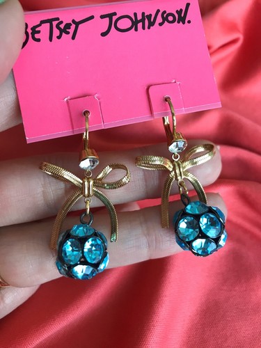 Betsey Johnson Snow Angel Vintage Light Blue Crystal Ball Gold Bow Earrings - Picture 2 of 2