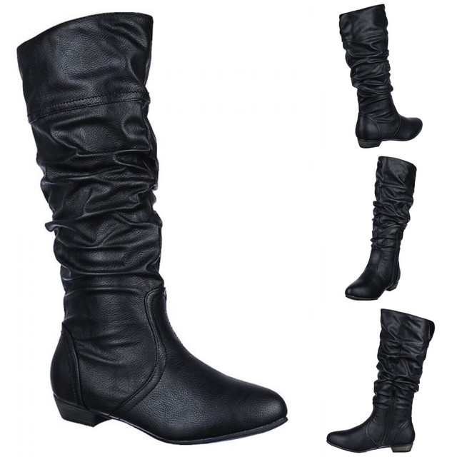 Black casual slouchy Mid Calf Knee Length Women Winter Fashion Boots