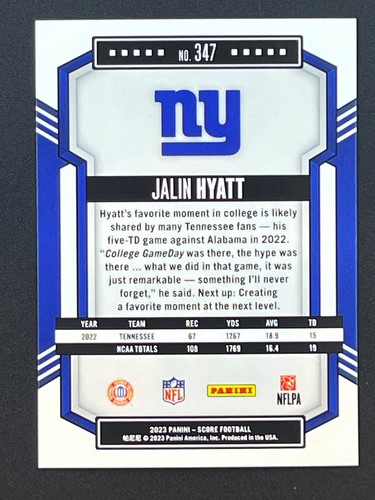 JALIN HYATT RC 2023 Score Football #347 New York Giants - Picture 2 of 2
