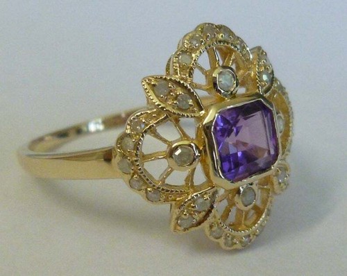 Anillo de flores vintage amatista y diamante, oro liso 9 quilates, antiguo R66 personalizado - Imagen 6 de 6