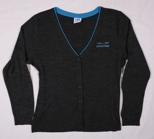 Frontier Airlines Cardigan + Metal Pin Sweater [L] Women’s Gray & Teal Attendant - Picture 2 of 5