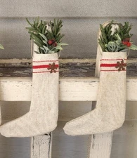 Vintage Christmas Stockings With Greenery Berries Snowflake Farmhouse Primitive