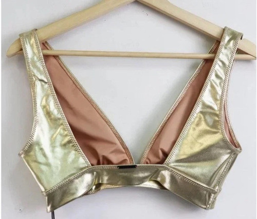NWT Kendall + Kylie Foil Gold Plunge Swimsuit Bikini Top Bottom Large L Metallic - Picture 8 of 15