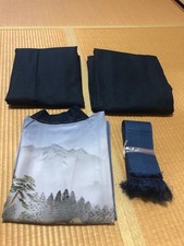  Autumn-Winter Dark Blue Japanese Kimono Nagajuban Obi Set Mountain Scenery