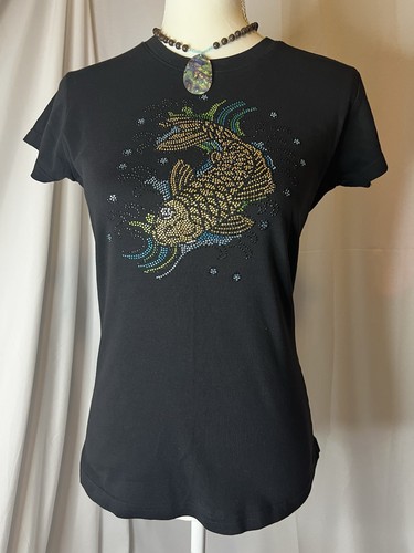 Y2K Black Koi Fish Rhinestone Embellished T Shirt Bling Aquatic Mermaid Vibes - Bild 5 von 17