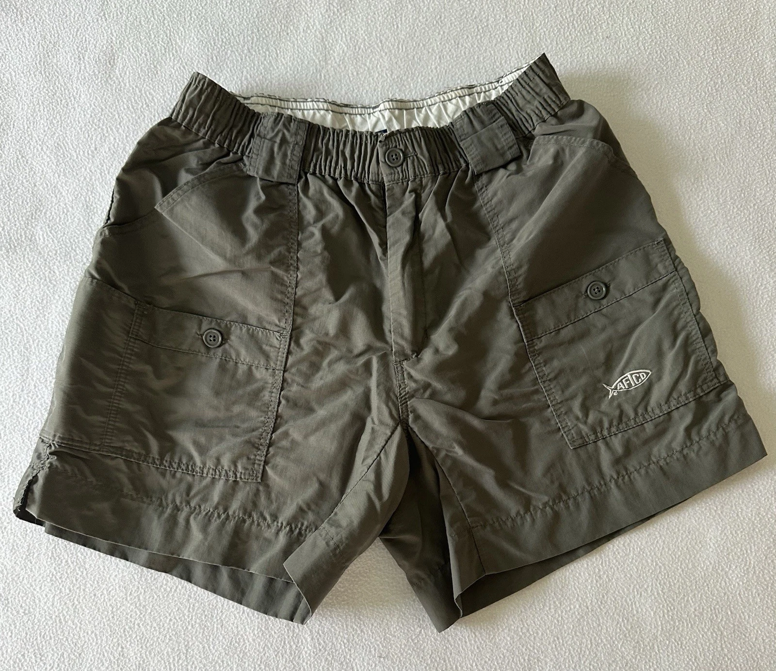 AFTCO Original Fishing Shorts Men’s 32 Olive 100% Nylon Elastic Waist 6” Inseam