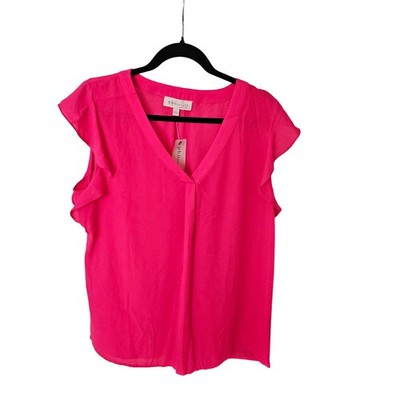 Philosophy Republic Clothing Hot Pink Ruffle Sleeve V-Neck Blouse Large NWT
