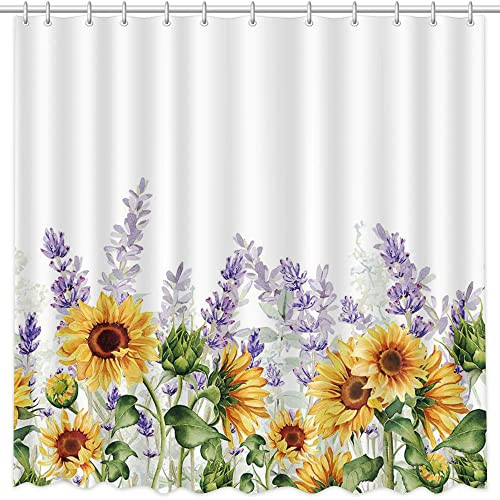 Sunflower Shower Curtain Spring Lavender Bathroom Decor Set Yellow and Purple  - Bild 1 von 4