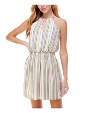 CITY STUDIO Womens Sleeveless Halter Smocked Waist Keyhole Mini A-Line Dress