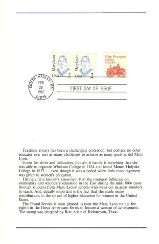#2169 First Day Ceremony Program 2c Mary Lyon Stamp - Picture 2 of 2