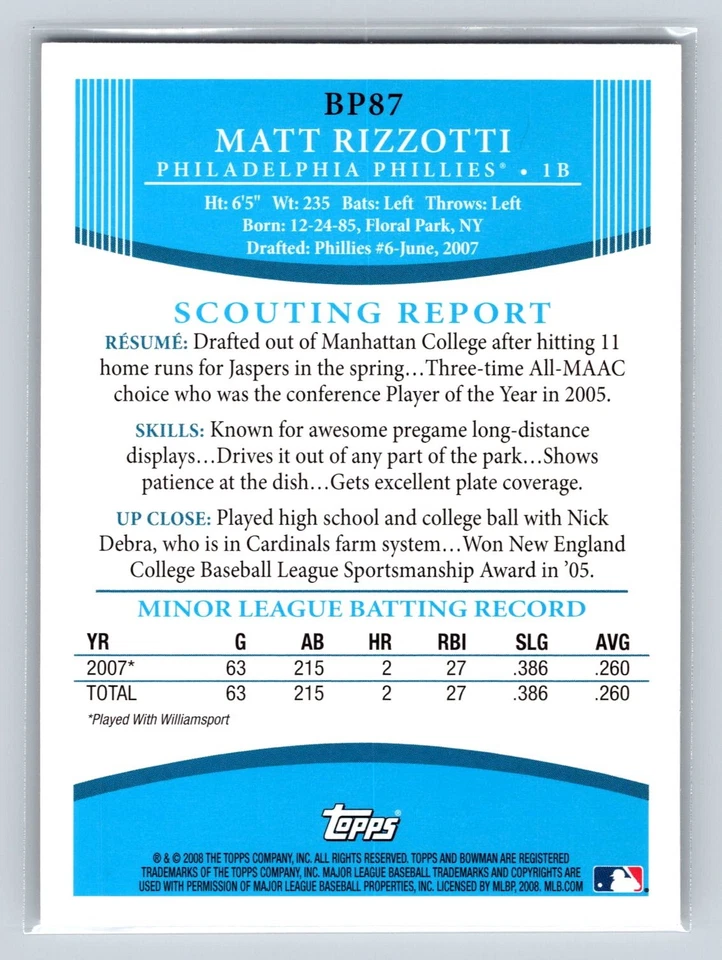 2008 Bowman #BP87 Matt Rizzotti Prospects - Image 2 of 2