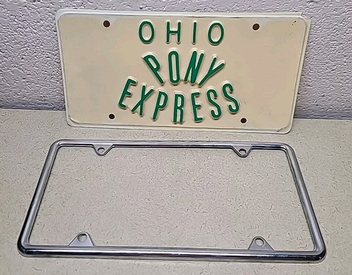 Plastic Ohio License Plate Pony Express with Chrome Bracket - RARE! - Picture 2 of 5