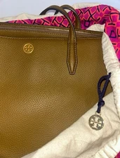 Tory Burch Robinson Tote Bag COGNAC Pebbled Leather w/ Dust Bag | VGUC