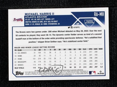 2023 Topps Chrome Rookie Blue RayWave Refractor /150 Michael Harris II Auto RC - Picture 2 of 3