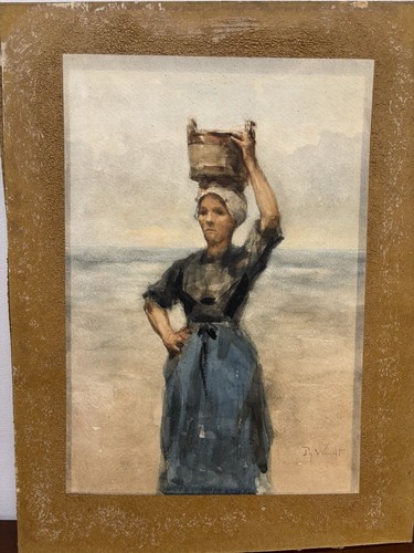 Vintage Watercolour Painting – Signed by Artist, Lady Carrying Basket Unframed - Picture 2 of 10