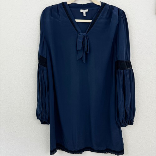 Joie Damen Tunika Minikleid Gr. M 100% Seide bestickt Spitze Schleife blau