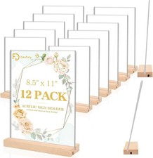 12 Pack Acrylic Sign Holder 8.5 x 11, Wood Base, Straight or Slant, Table Top