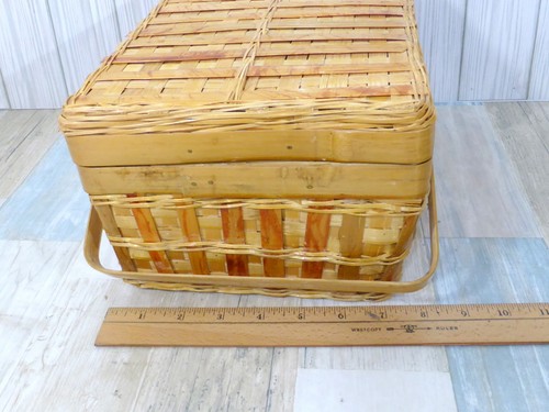 Burnt Bamboo Covered Basket Hinged Top Sewing Picnic Storage - Picture 13 of 14