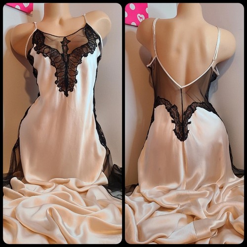 Vintage Victoria's Secret langes Maxi-Schlupfkleid 100 % Seide & Netz ausgeschnitten Größe Lg - Bild 1 von 8