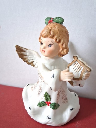 Vintage Lefton Porzellan Weihnachtsengel Figur #248 spielt Harfe Stechpalme - Bild 2 von 11