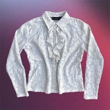 Vintage George Women s White Lace Sheer Ruffle Button Up Blouse Top Size Medium