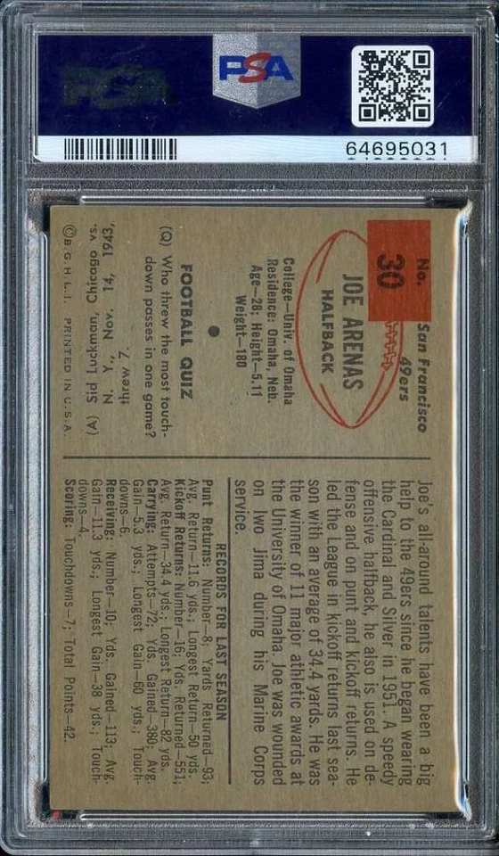 1954 Bowman #30 Joe Arenas PSA 7 49ers *DS15986 - Image 2 of 2